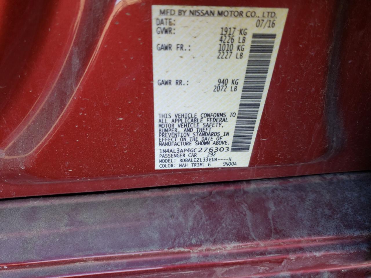 Photo 10 from auction – 2016 NISSAN ALTIMA 2.5 with VIN 1N4AL3AP4GC276303