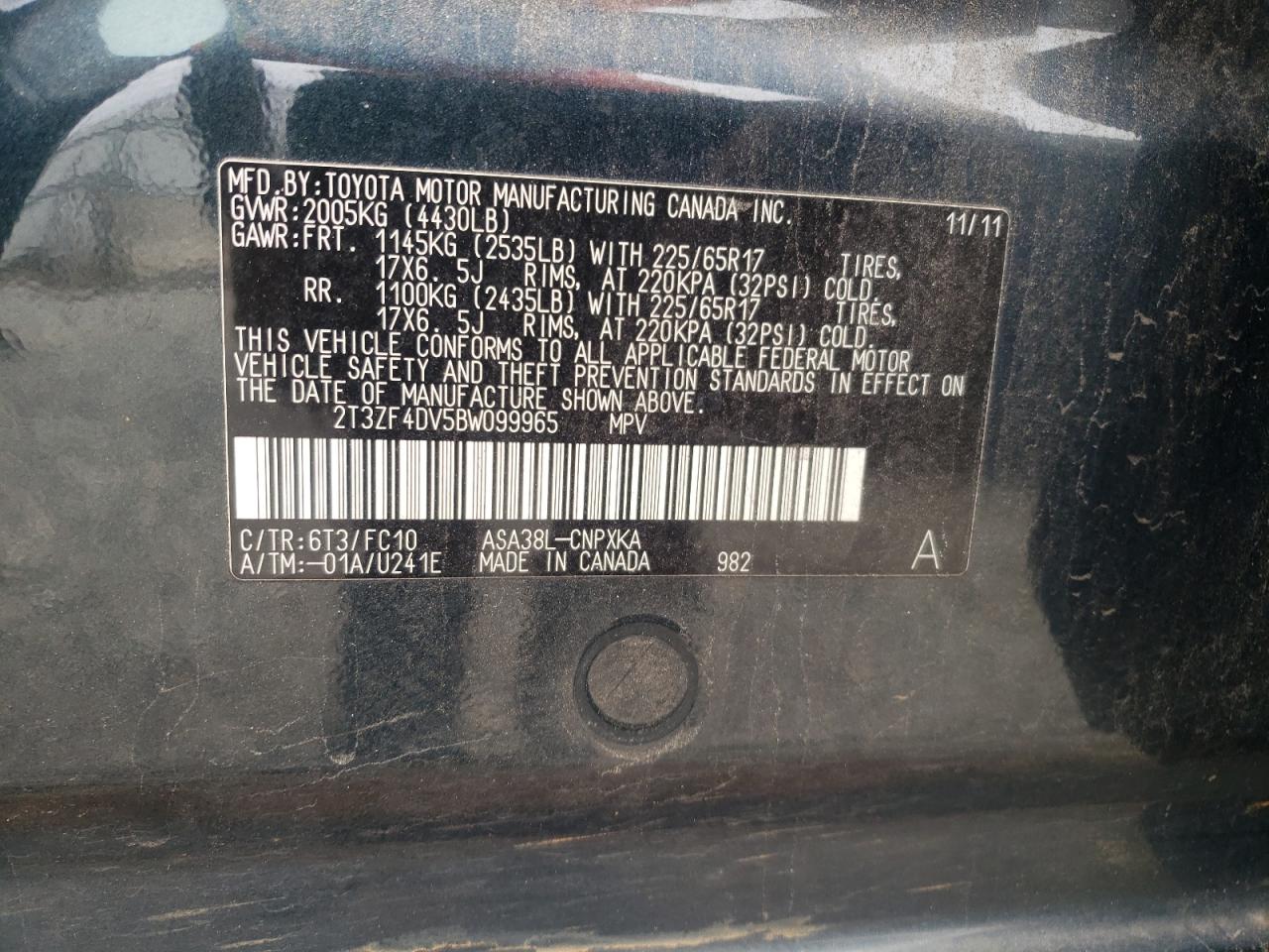 Photo 10 from auction – 2011 TOYOTA RAV4 with VIN 2T3ZF4DV5BW099965