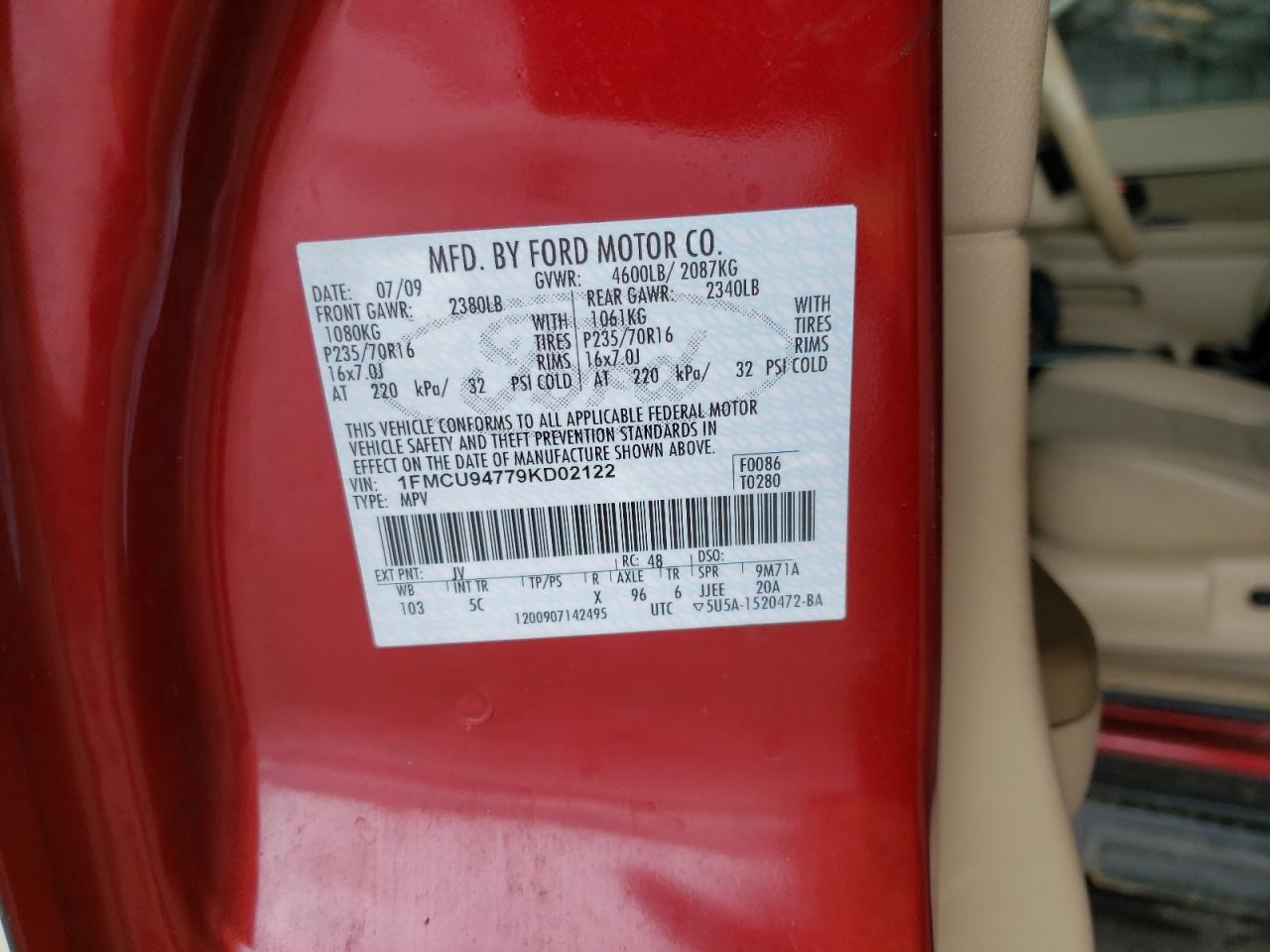 Photo 10 from auction – 2009 FORD ESCAPE LIM with VIN 1FMCU94779KD02122