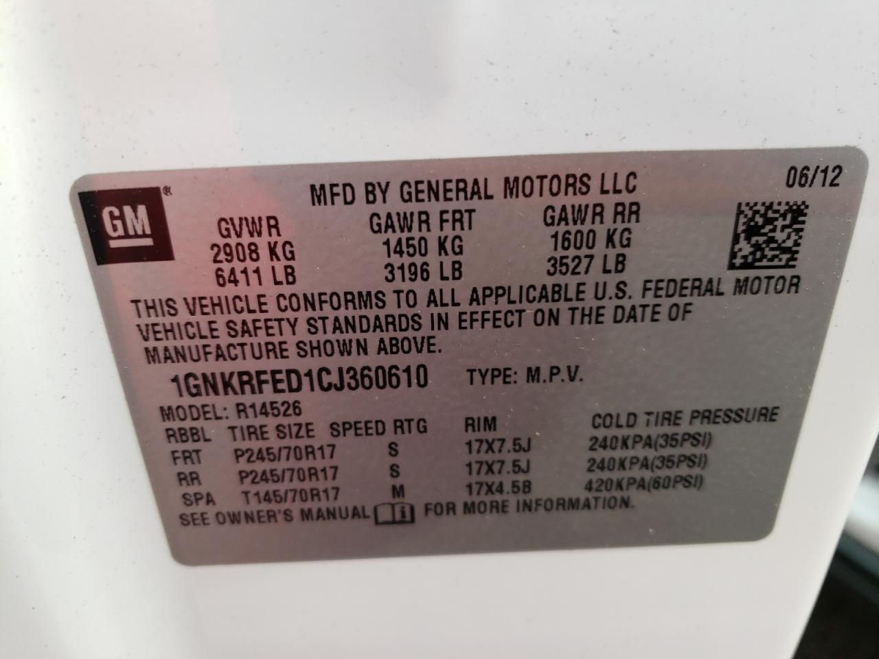Photo 10 from auction – 2012 CHEVROLET TRAVERSE L with VIN 1GNKRFED1CJ360610