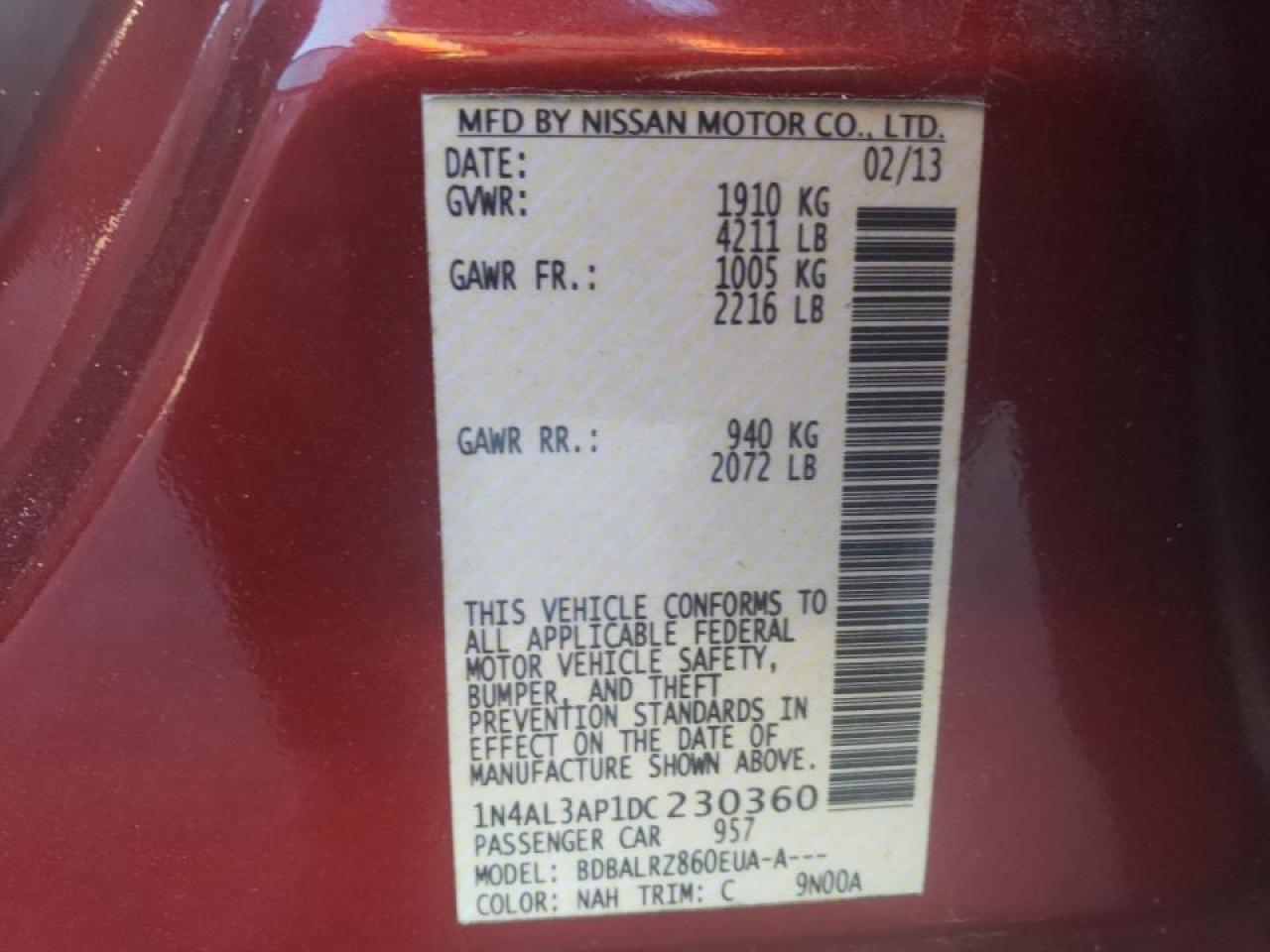 Photo 10 from auction – 2013 NISSAN ALTIMA 2.5 with VIN 1N4AL3AP1DC230360