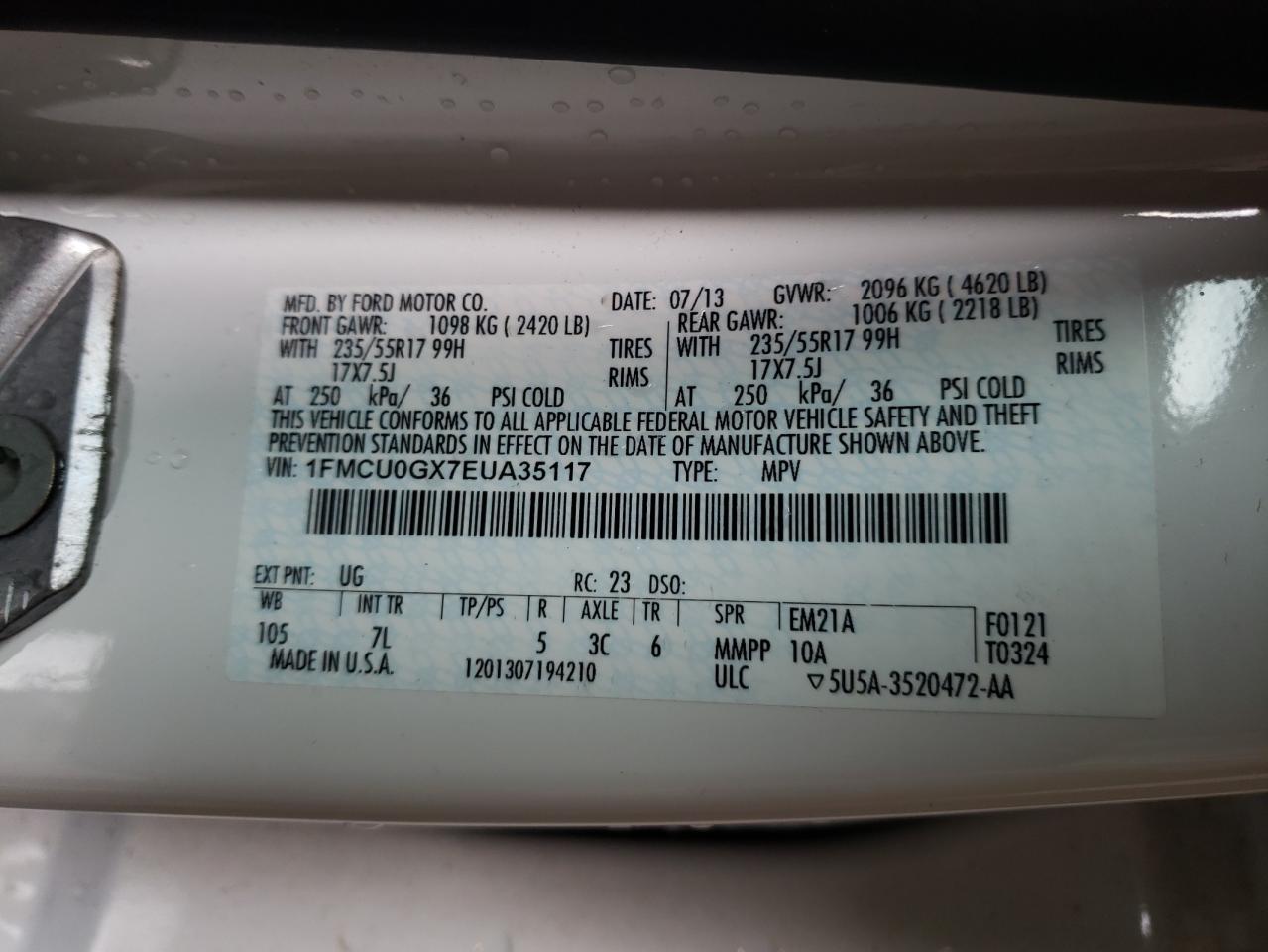 Photo 10 from auction – 2014 FORD ESCAPE SE with VIN 1FMCU0GX7EUA35117