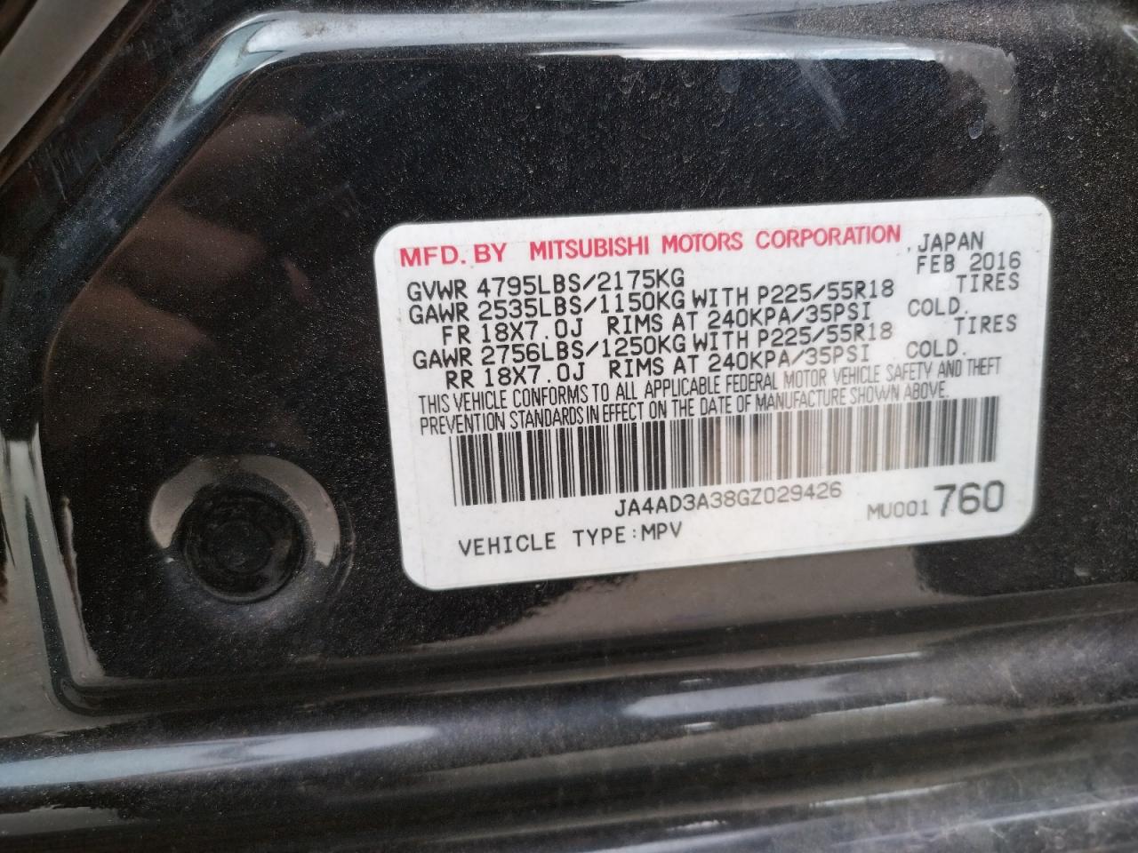 Photo 10 from auction – 2016 MITSUBISHI OUTLANDER with VIN JA4AD3A38GZ029426