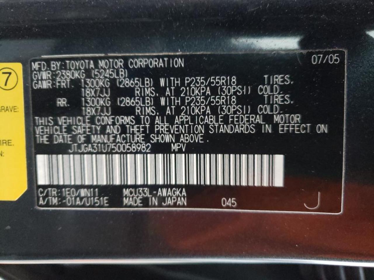 Photo 10 from auction – 2005 LEXUS RX 330 with VIN JTJGA31U750058982