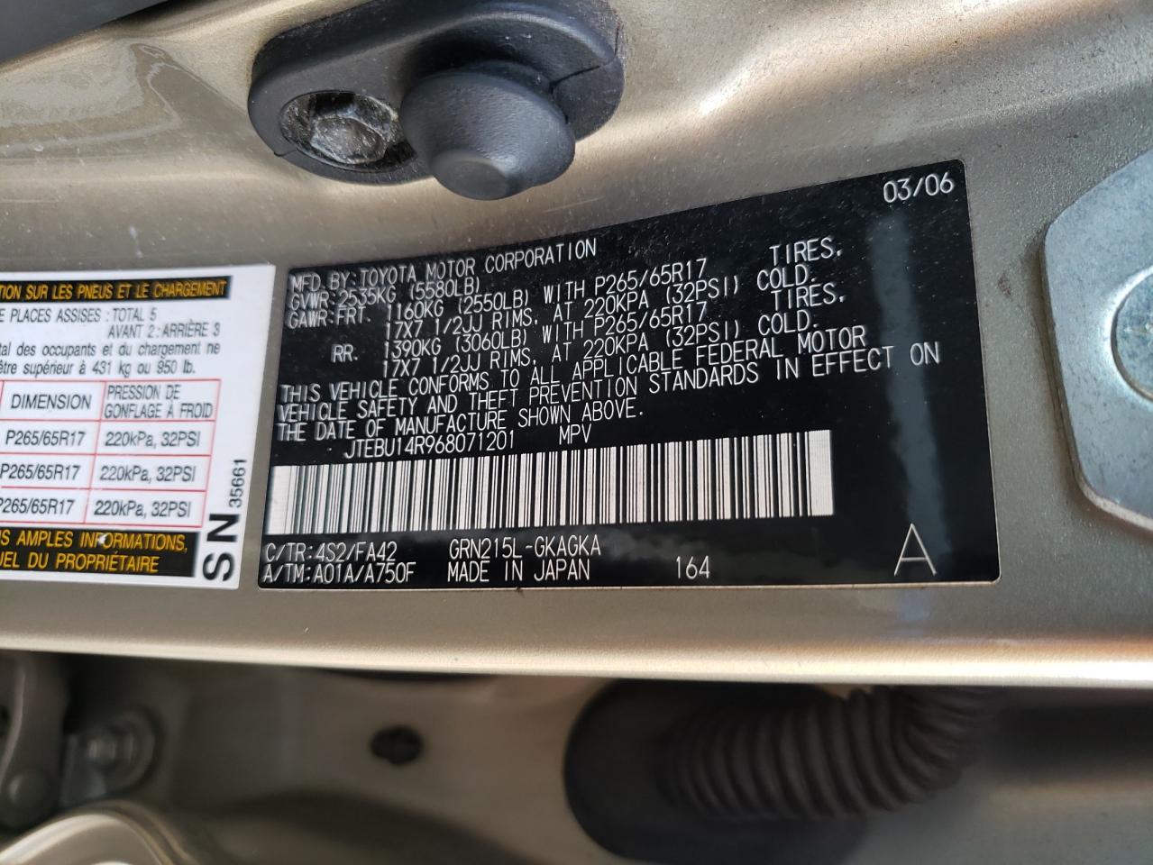 Photo 10 from auction – 2006 TOYOTA 4RUNNER SR with VIN JTEBU14R968071201