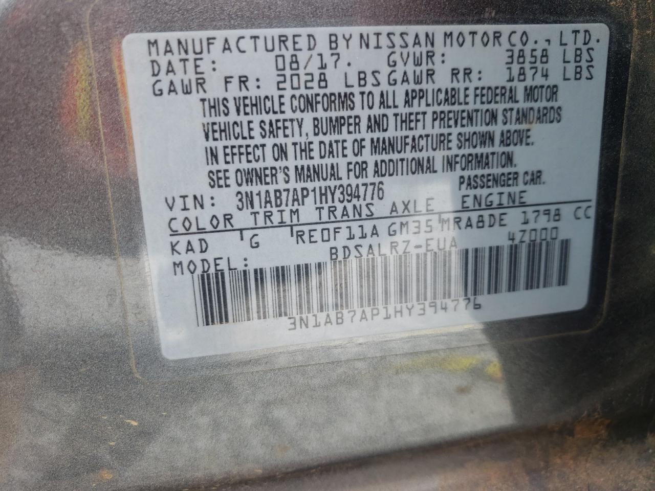 Photo 10 from auction – 2017 NISSAN SENTRA S with VIN 3N1AB7AP1HY394776