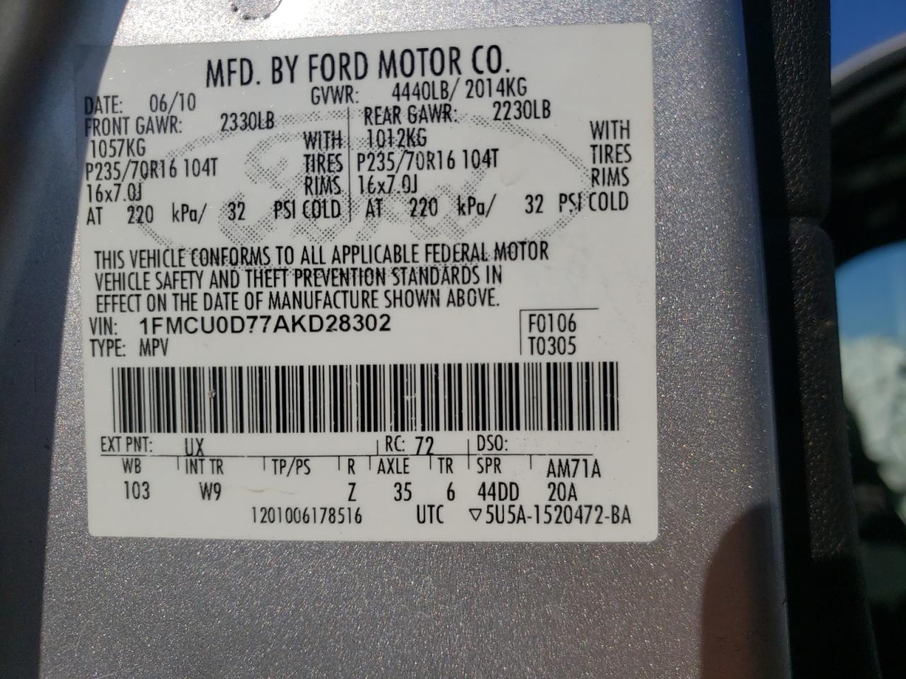 Photo 10 from auction – 2010 FORD ESCAPE XLT with VIN 1FMCU0D77AKD28302