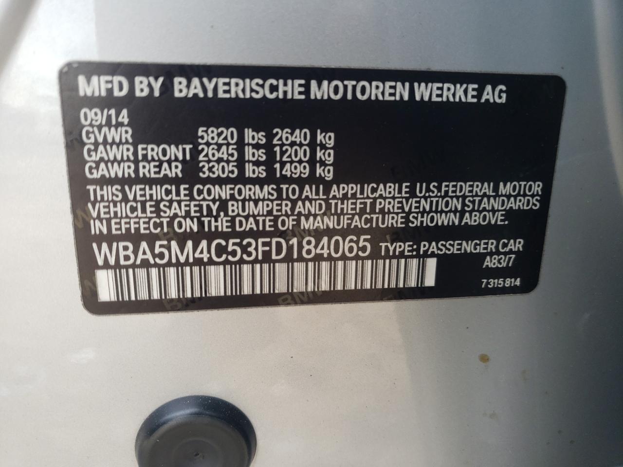 Photo 10 from auction – 2015 BMW 535 XIGT with VIN WBA5M4C53FD184065