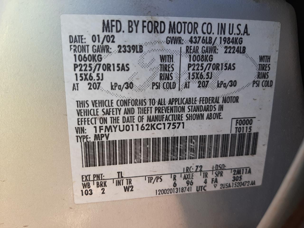 Photo 10 from auction – 2002 FORD ESCAPE XLS with VIN 1FMYU01162KC17571