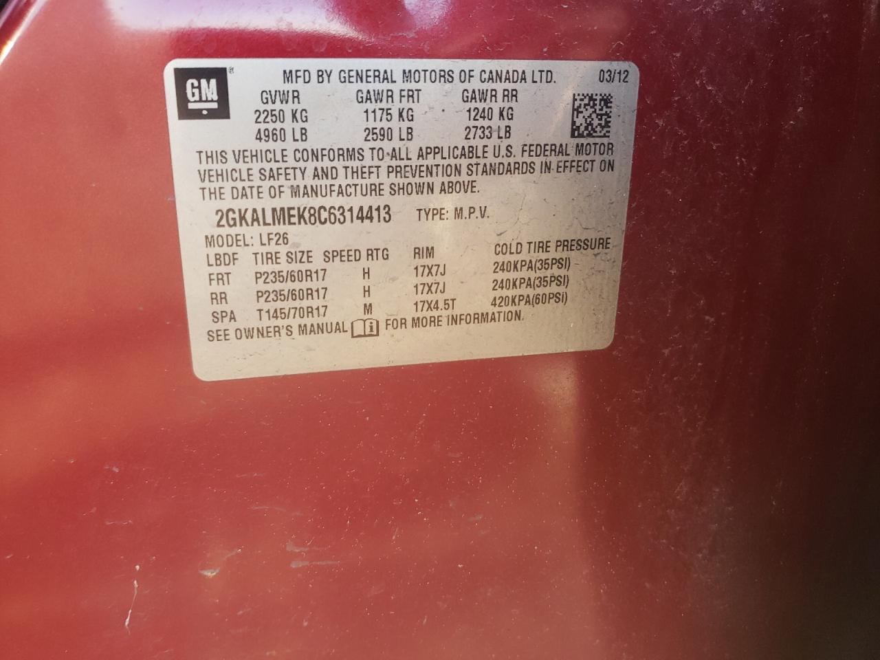 Photo 10 from auction – 2012 GMC TERRAIN SL with VIN 2GKALMEK8C6314413