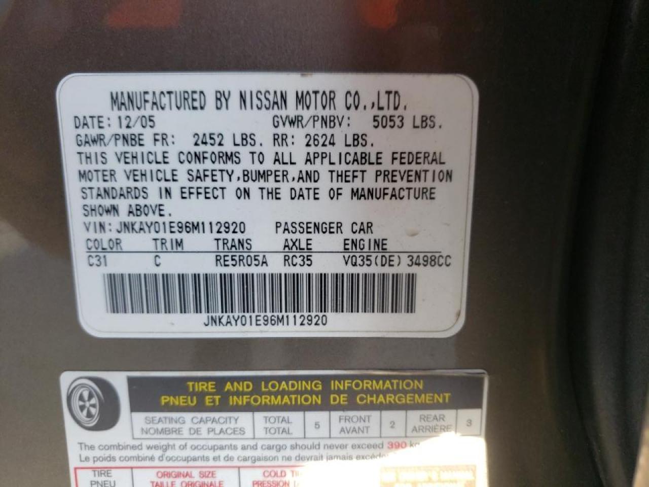 Photo 10 from auction – 2006 INFINITI M35 BASE with VIN JNKAY01E96M112920