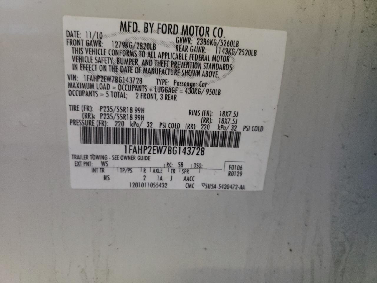 Photo 10 from auction – 2011 FORD TAURUS SEL with VIN 1FAHP2EW7BG143728