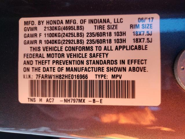 Photo 10 from auction – 2017 HONDA CR-V EXL with VIN 7FARW1H82HE016966