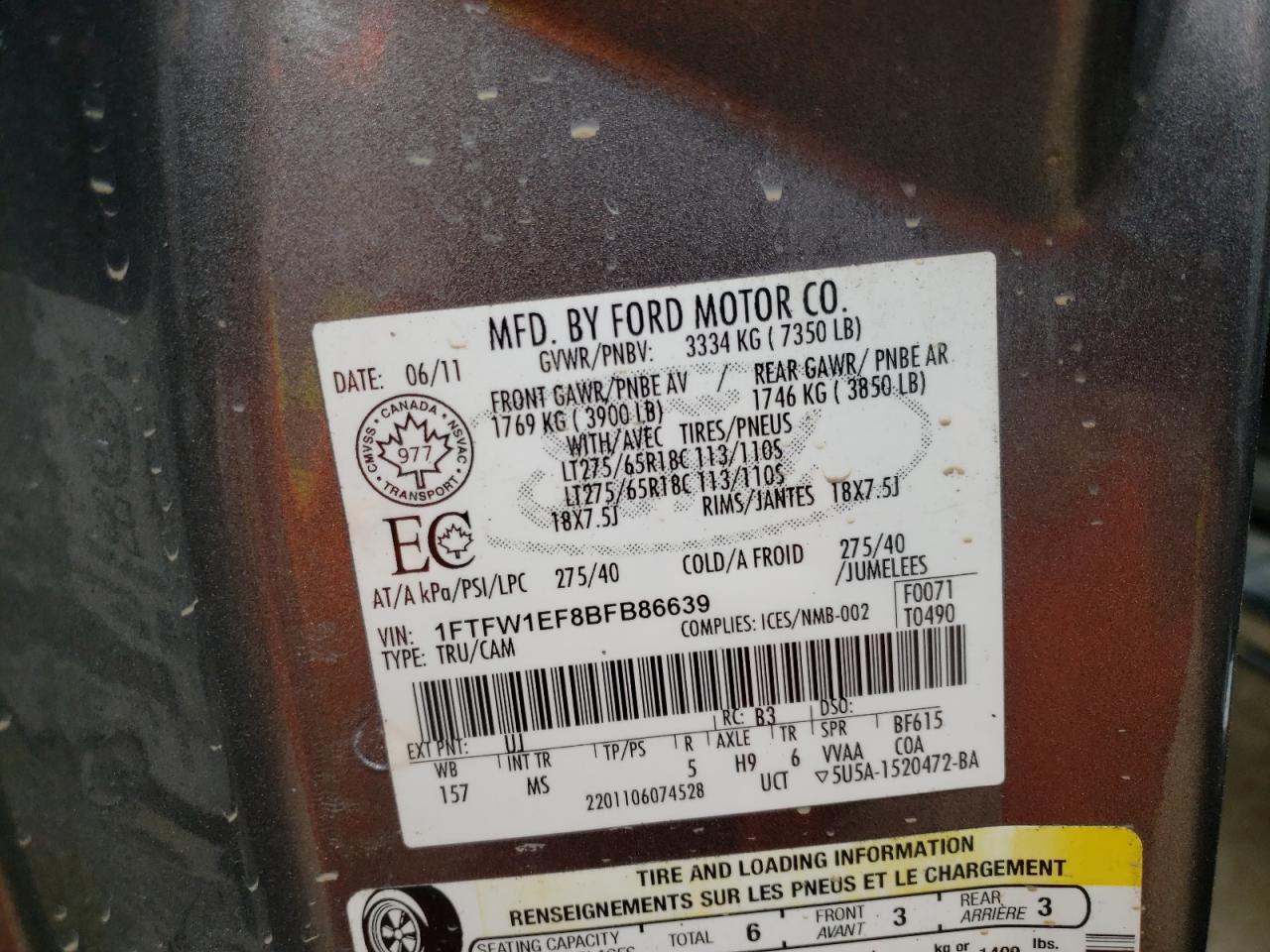 Photo 10 from auction – 2011 FORD F150 SUPER with VIN 1FTFW1EF8BFB86639