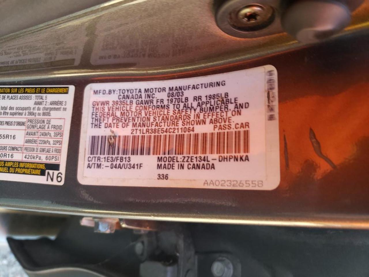 Photo 10 from auction – 2004 TOYOTA COROLLA MA with VIN 2T1LR38E54C211064