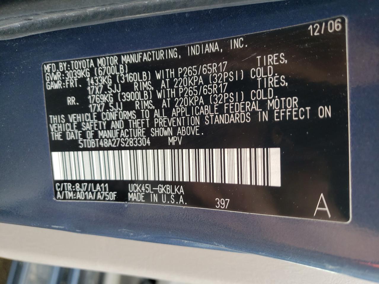 Photo 10 from auction – 2007 TOYOTA SEQUOIA LI with VIN 5TDBT48A27S283304