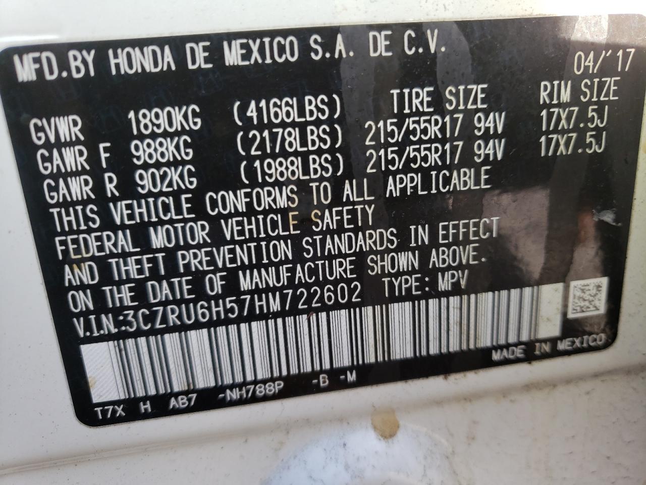 Photo 10 from auction – 2017 HONDA HR-V EX with VIN 3CZRU6H57HM722602