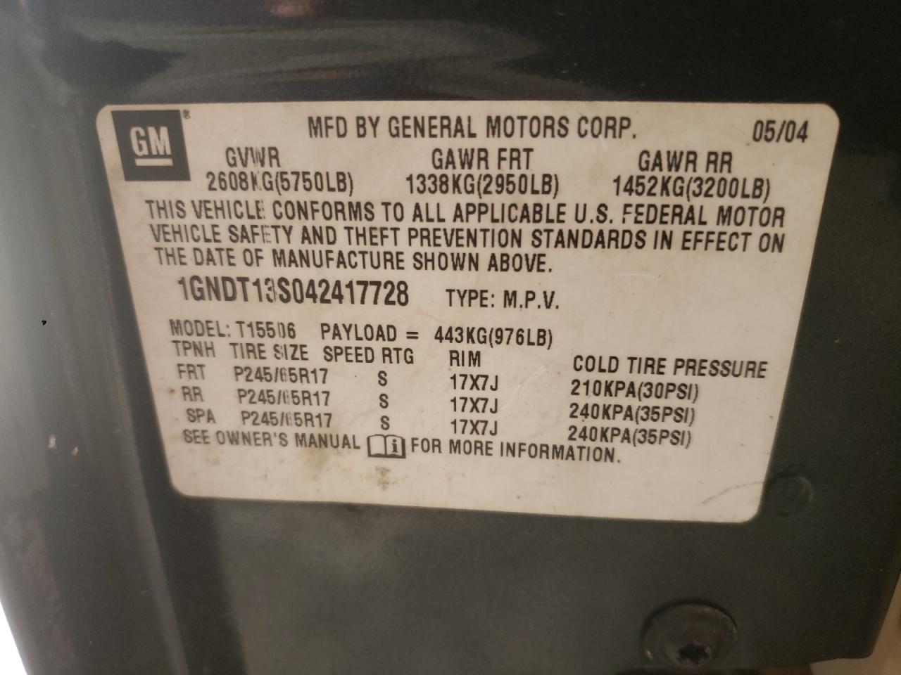 Photo 10 from auction – 2004 CHEVROLET TRAILBLAZE with VIN 1GNDT13S042417728
