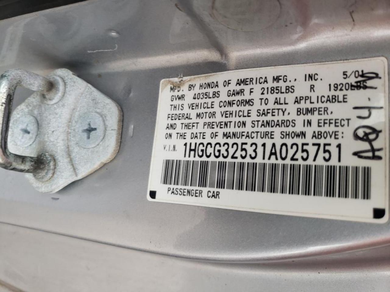Photo 10 from auction – 2001 HONDA ACCORD EX with VIN 1HGCG32531A025751