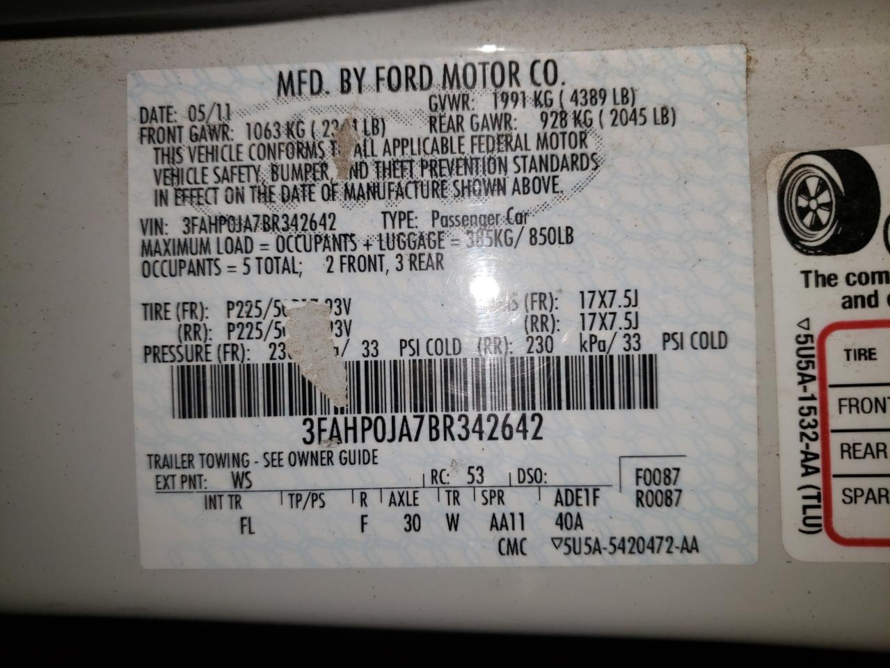 Photo 10 from auction – 2011 FORD FUSION SEL with VIN 3FAHP0JA7BR342642