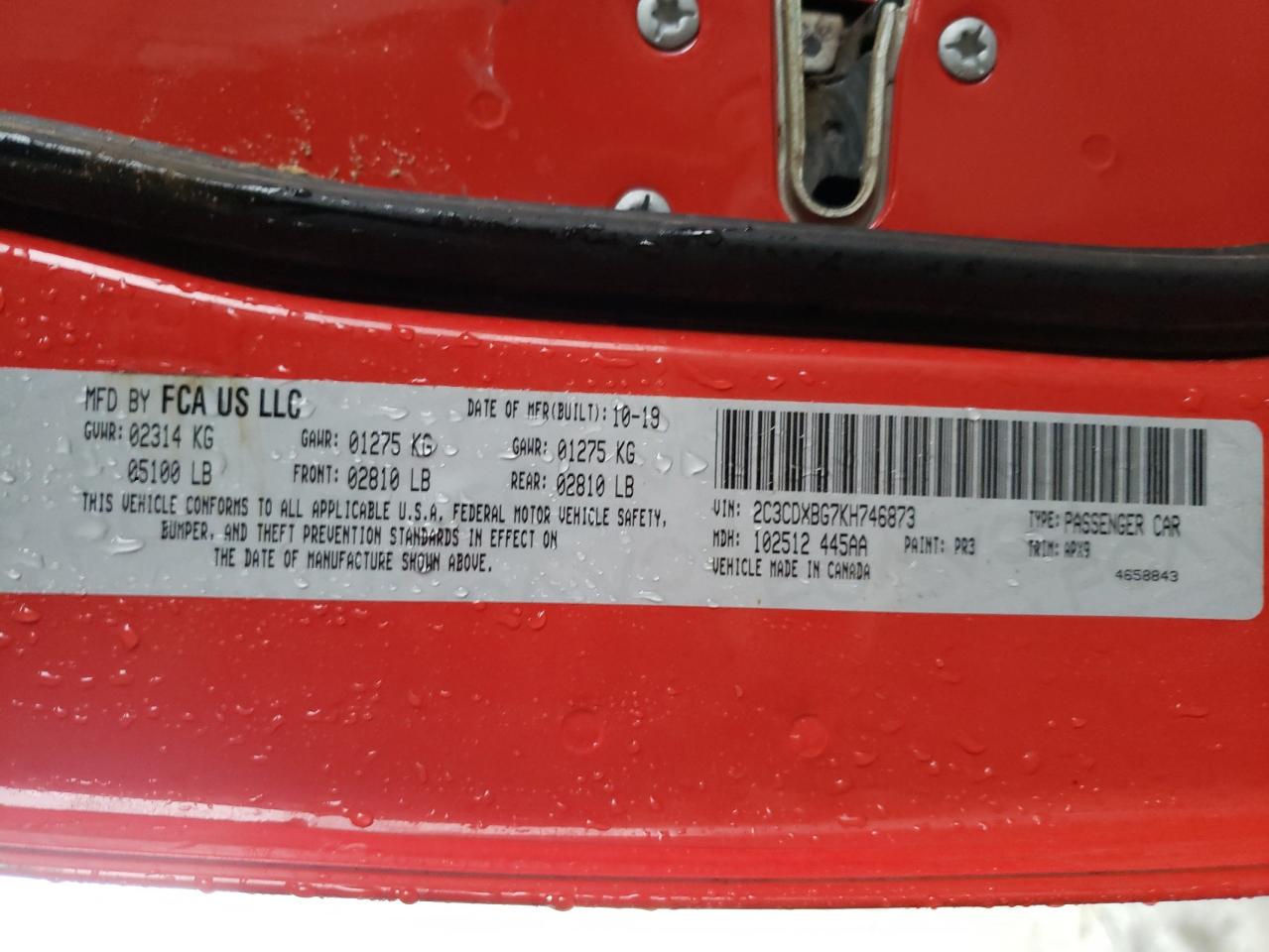 Photo 10 from auction – 2019 DODGE CHARGER SX with VIN 2C3CDXBG7KH746873