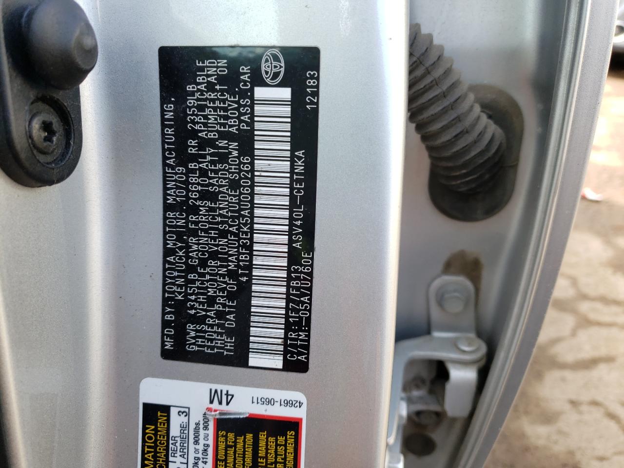 Photo 10 from auction – 2010 TOYOTA CAMRY BASE with VIN 4T1BF3EK5AU060266