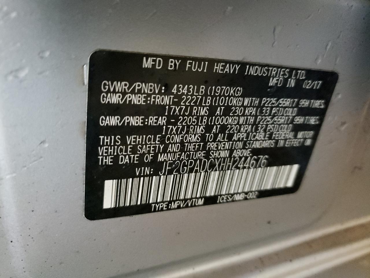 Photo 10 from auction – 2017 SUBARU CROSSTREK with VIN JF2GPADCXHH244676