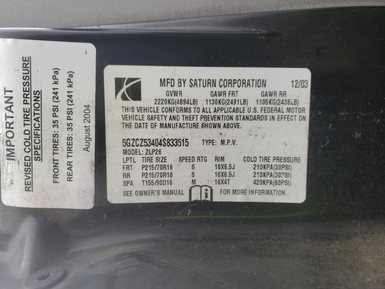 Photo 10 from auction – 2004 SATURN VUE with VIN 5GZCZ53404S833515