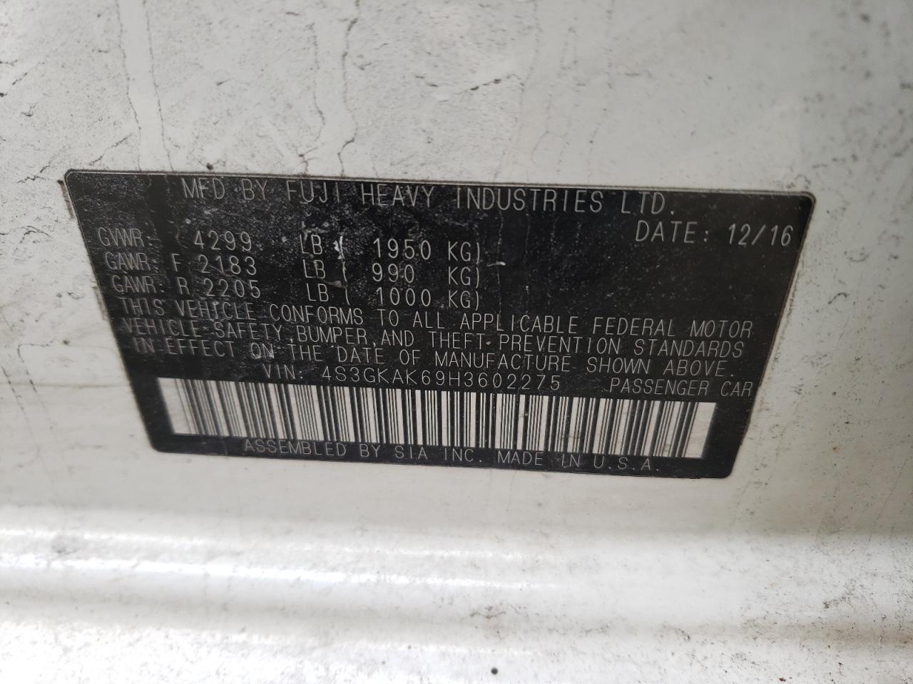 Photo 10 from auction – 2017 SUBARU IMPREZA SP with VIN 4S3GKAK69H3602275
