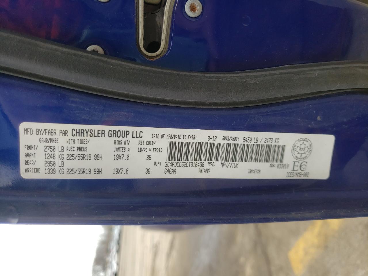 Photo 10 from auction – 2012 DODGE JOURNEY SX with VIN 3C4PDCCG2CT316438