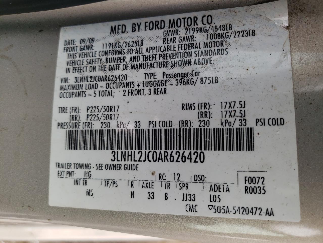 Photo 10 from auction – 2010 LINCOLN MKZ with VIN 3LNHL2JC0AR626420
