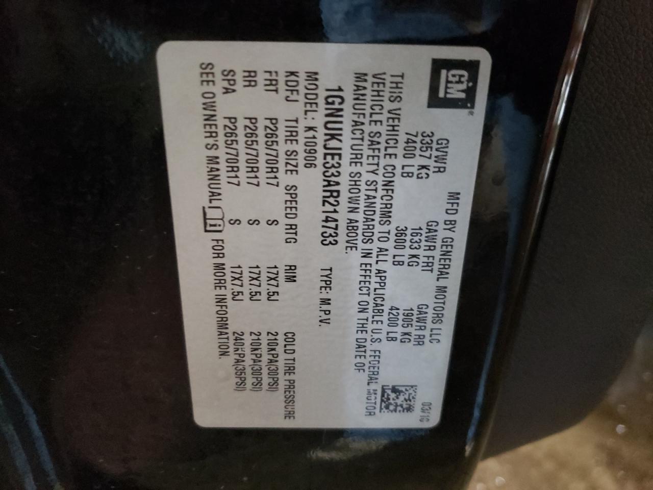 Photo 10 from auction – 2010 CHEVROLET SUBURBAN K with VIN 1GNUKJE33AR214733