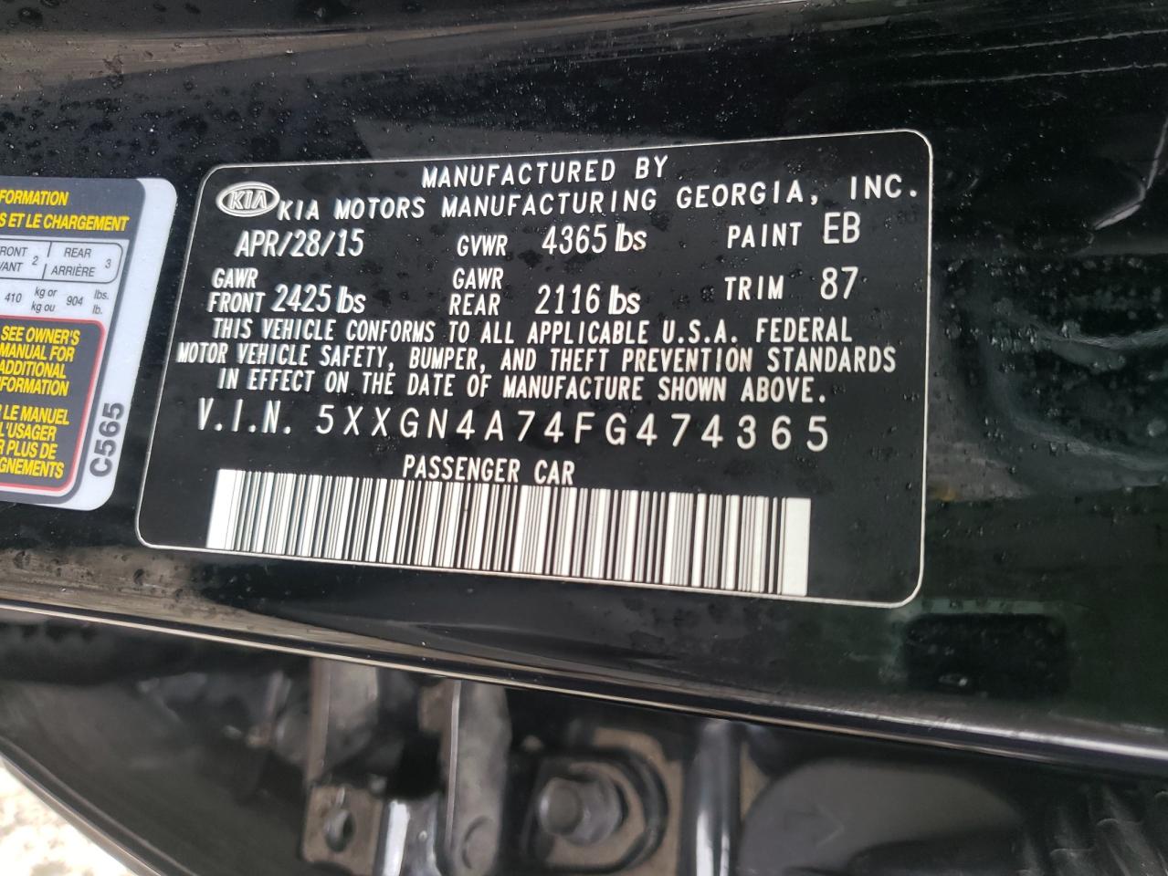 Photo 10 from auction – 2015 KIA OPTIMA EX with VIN 5XXGN4A74FG474365