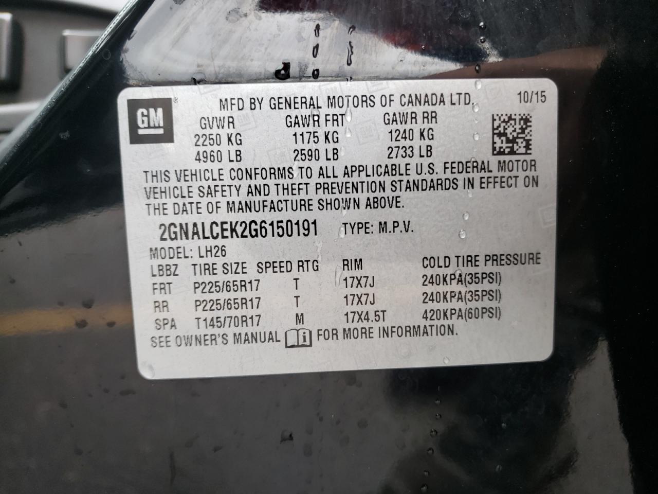 Zdjęcie 10 z aukcji – 2016 CHEVROLET EQUINOX LT z VIN 2GNALCEK2G6150191