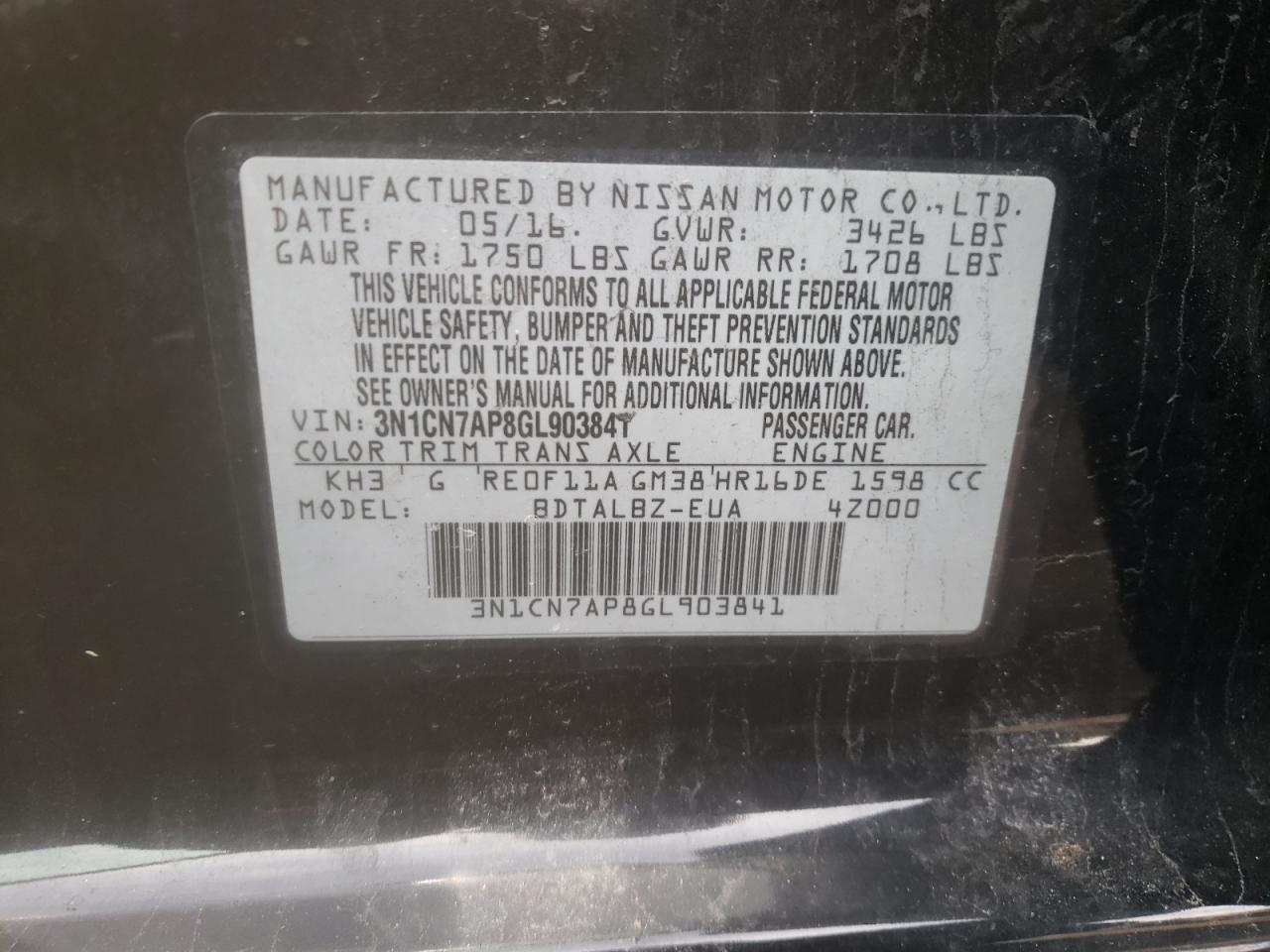 Photo 10 from auction – 2016 NISSAN VERSA S with VIN 3N1CN7AP8GL903841
