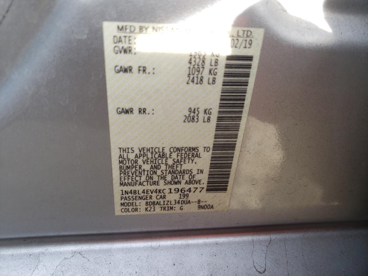 Photo 10 from auction – 2019 NISSAN ALTIMA SL with VIN 1N4BL4EV4KC196477