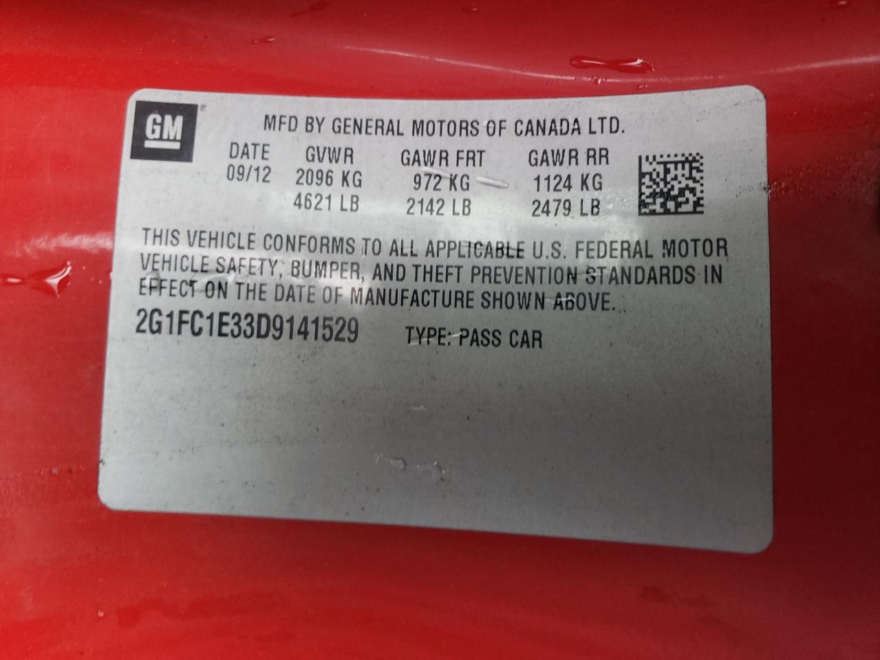 Photo 10 from auction – 2013 CHEVROLET CAMARO LT with VIN 2G1FC1E33D9141529
