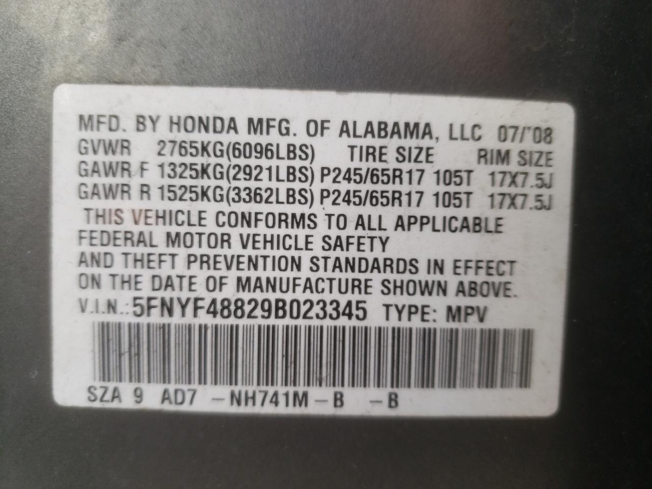 Photo 10 from auction – 2009 HONDA PILOT TOUR with VIN 5FNYF48829B023345