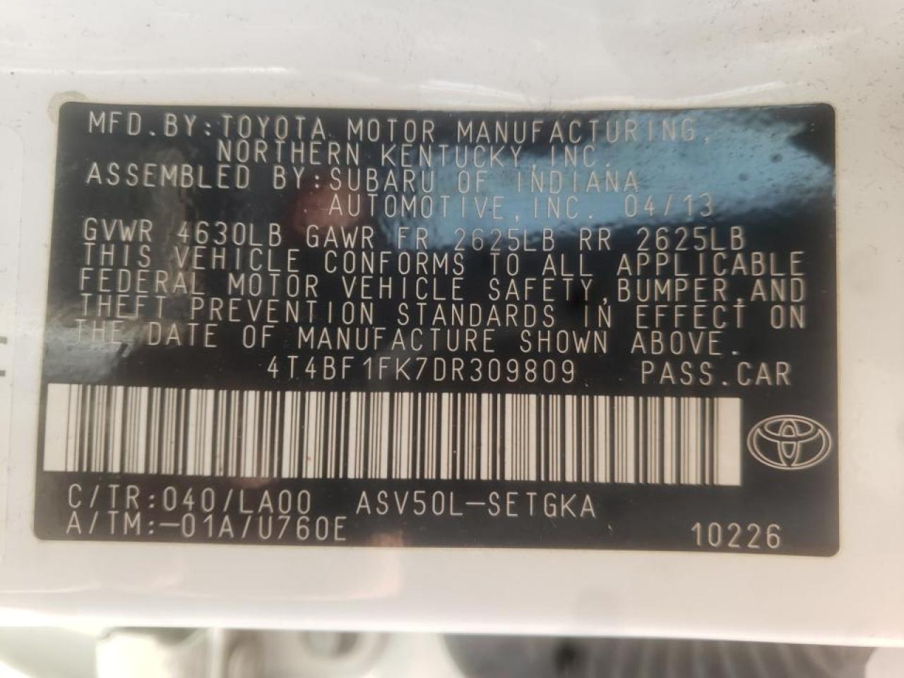 Photo 10 from auction – 2013 TOYOTA CAMRY L with VIN 4T4BF1FK7DR309809
