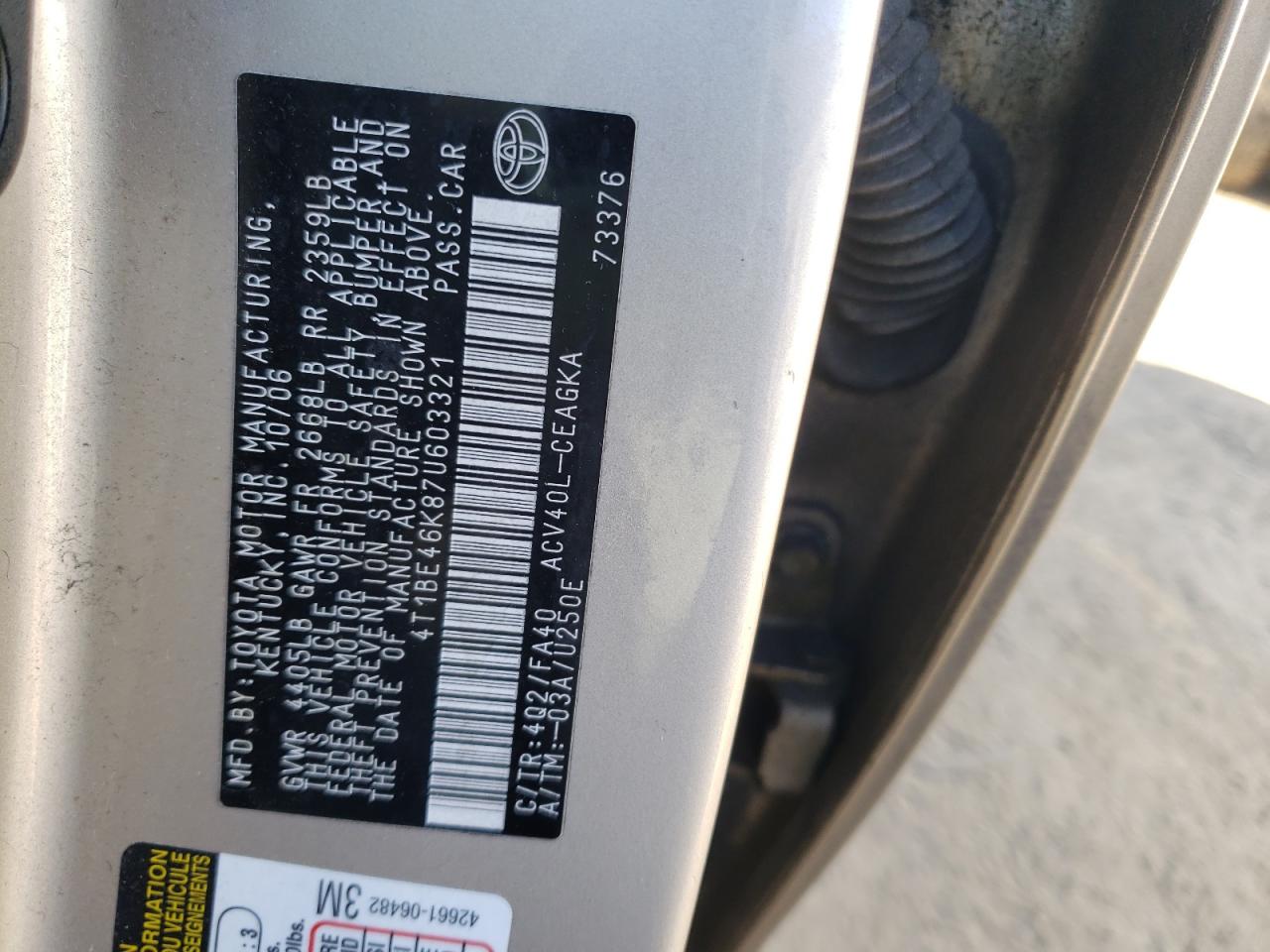 Photo 10 from auction – 2007 TOYOTA CAMRY CE with VIN 4T1BE46K87U603321