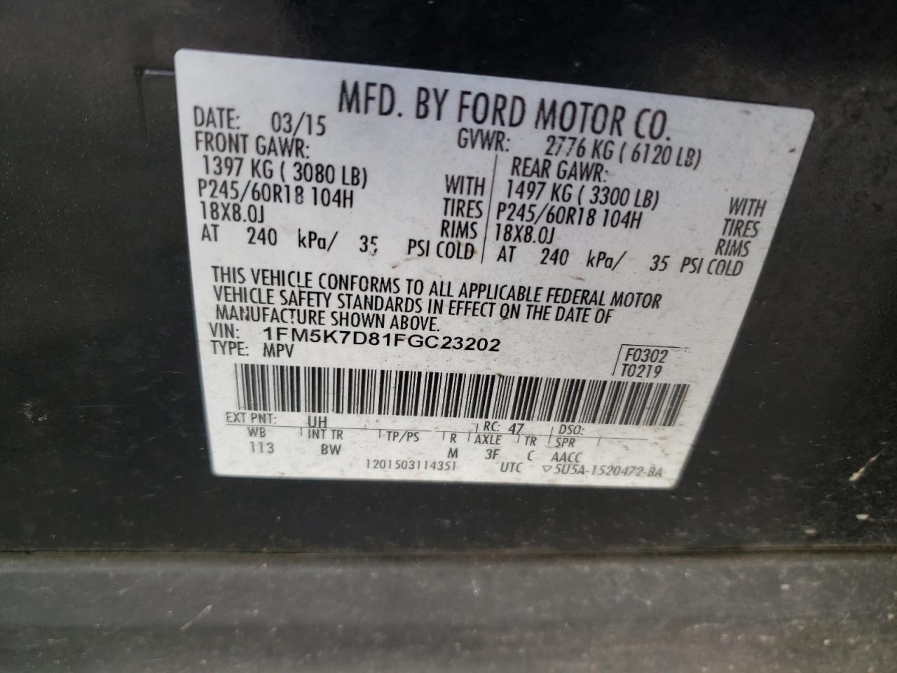 Photo 10 from auction – 2015 FORD EXPLORER X with VIN 1FM5K7D81FGC23202