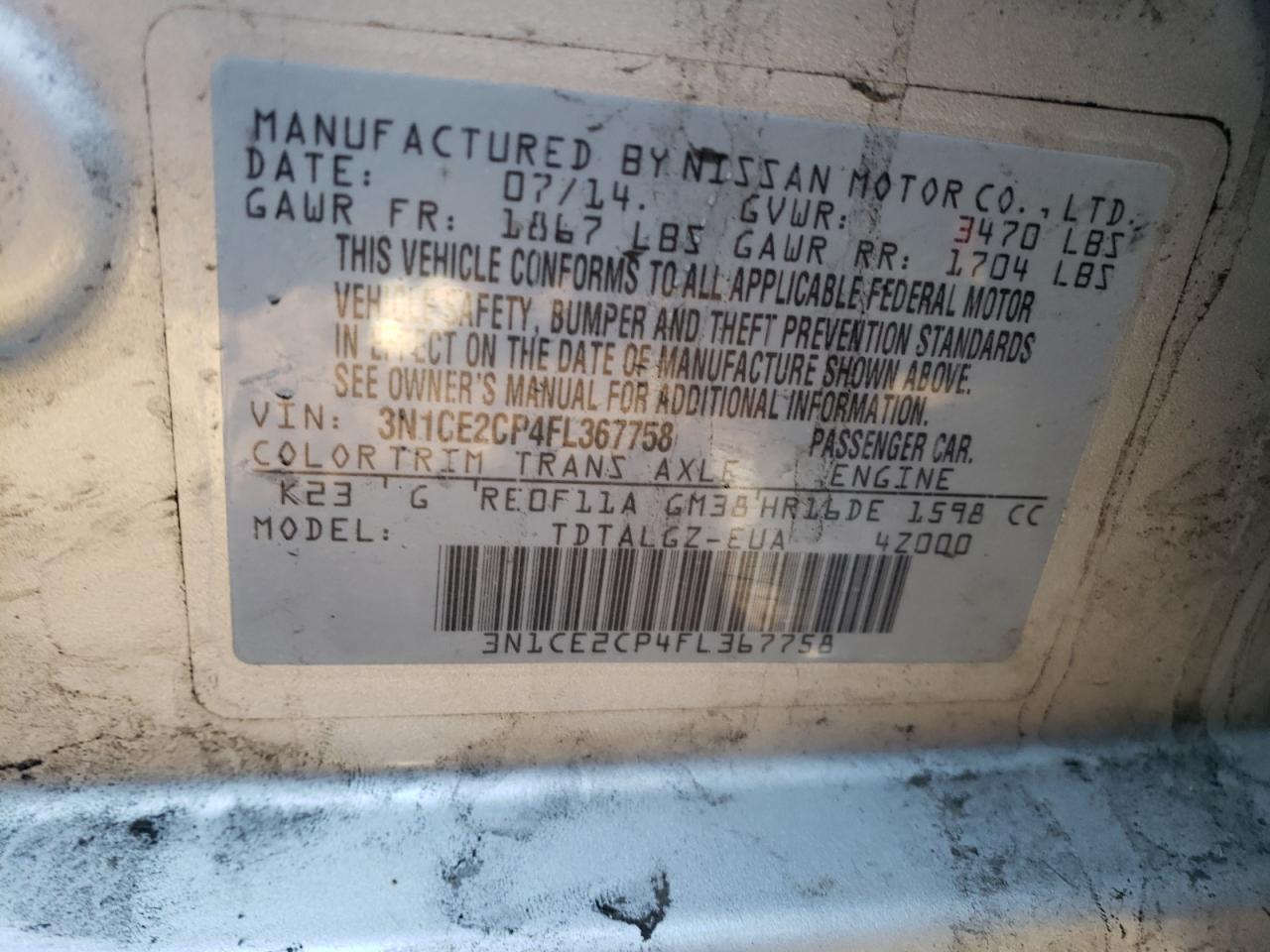 Photo 10 from auction – 2015 NISSAN VERSA NOTE with VIN 3N1CE2CP4FL367758
