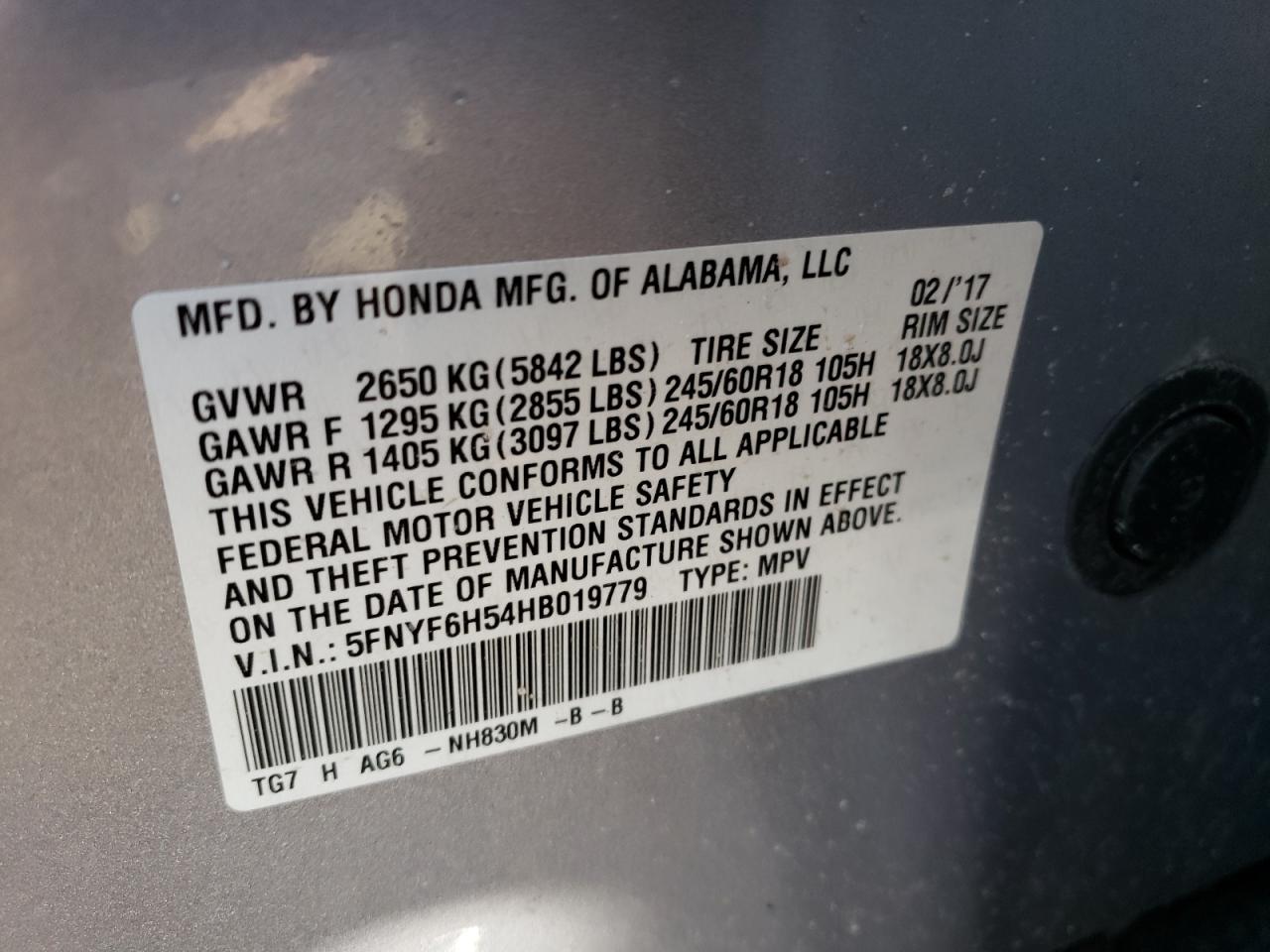 Photo 10 from auction – 2017 HONDA PILOT EXL with VIN 5FNYF6H54HB019779