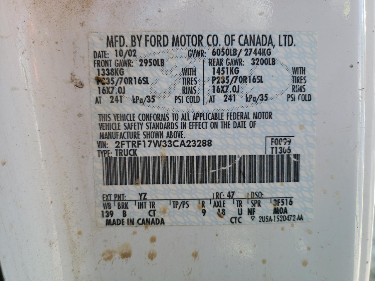 Photo 10 from auction – 2003 FORD F150 with VIN 2FTRF17W33CA23288