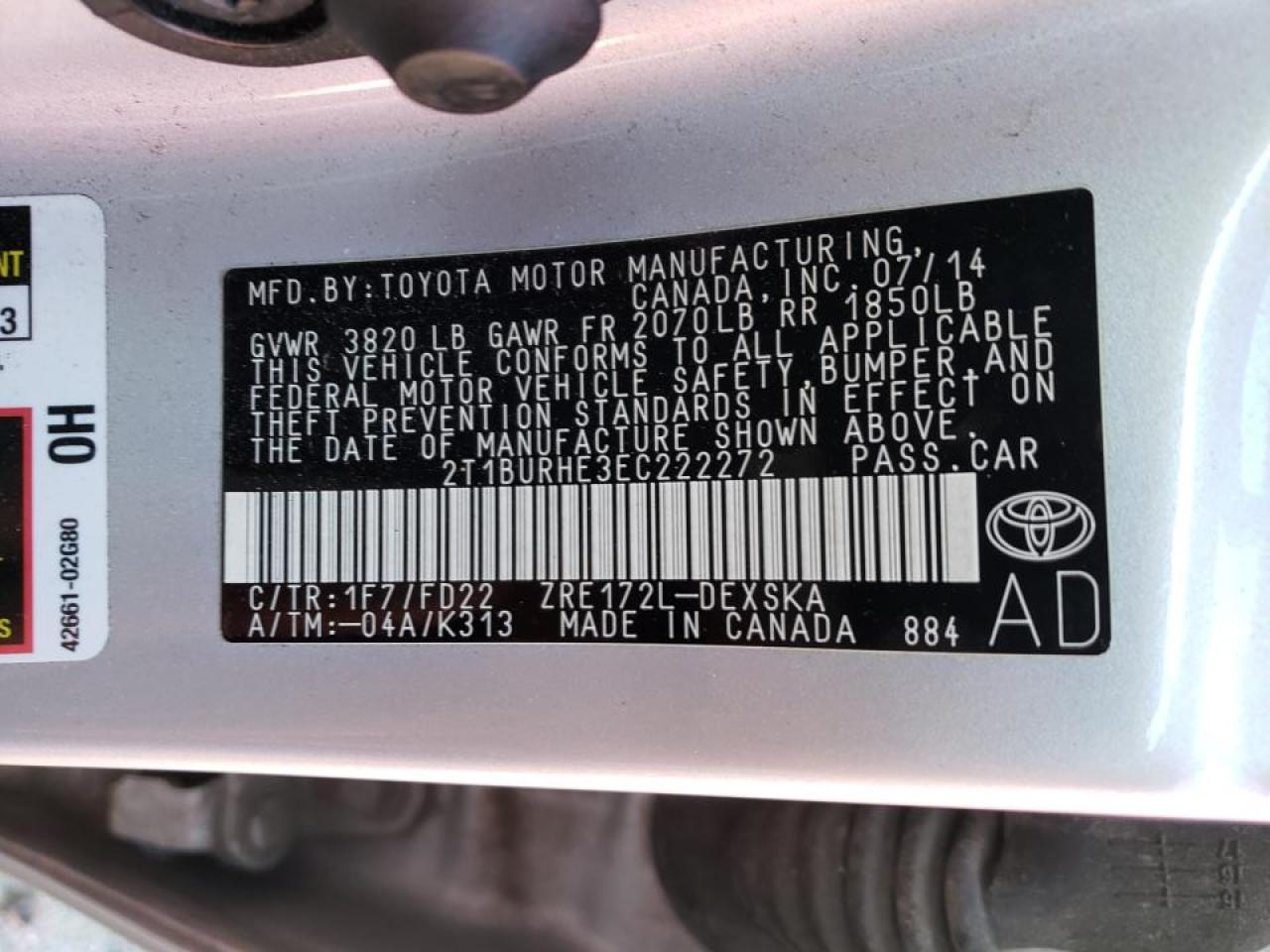Zdjęcie 10 z aukcji – 2014 TOYOTA COROLLA L z VIN 2T1BURHE3EC222272