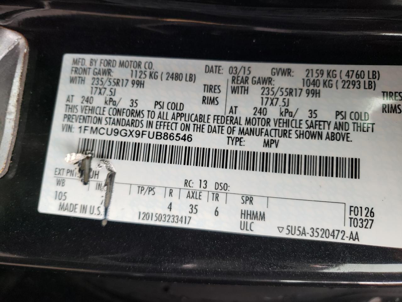 Photo 10 from auction – 2015 FORD ESCAPE SE with VIN 1FMCU9GX9FUB86546