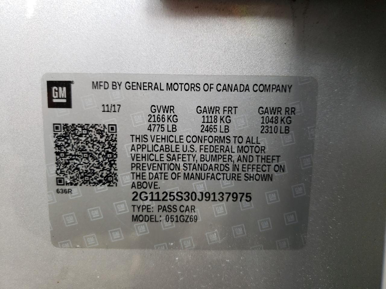 Photo 10 from auction – 2018 CHEVROLET IMPALA PRE with VIN 2G1125S30J9137975
