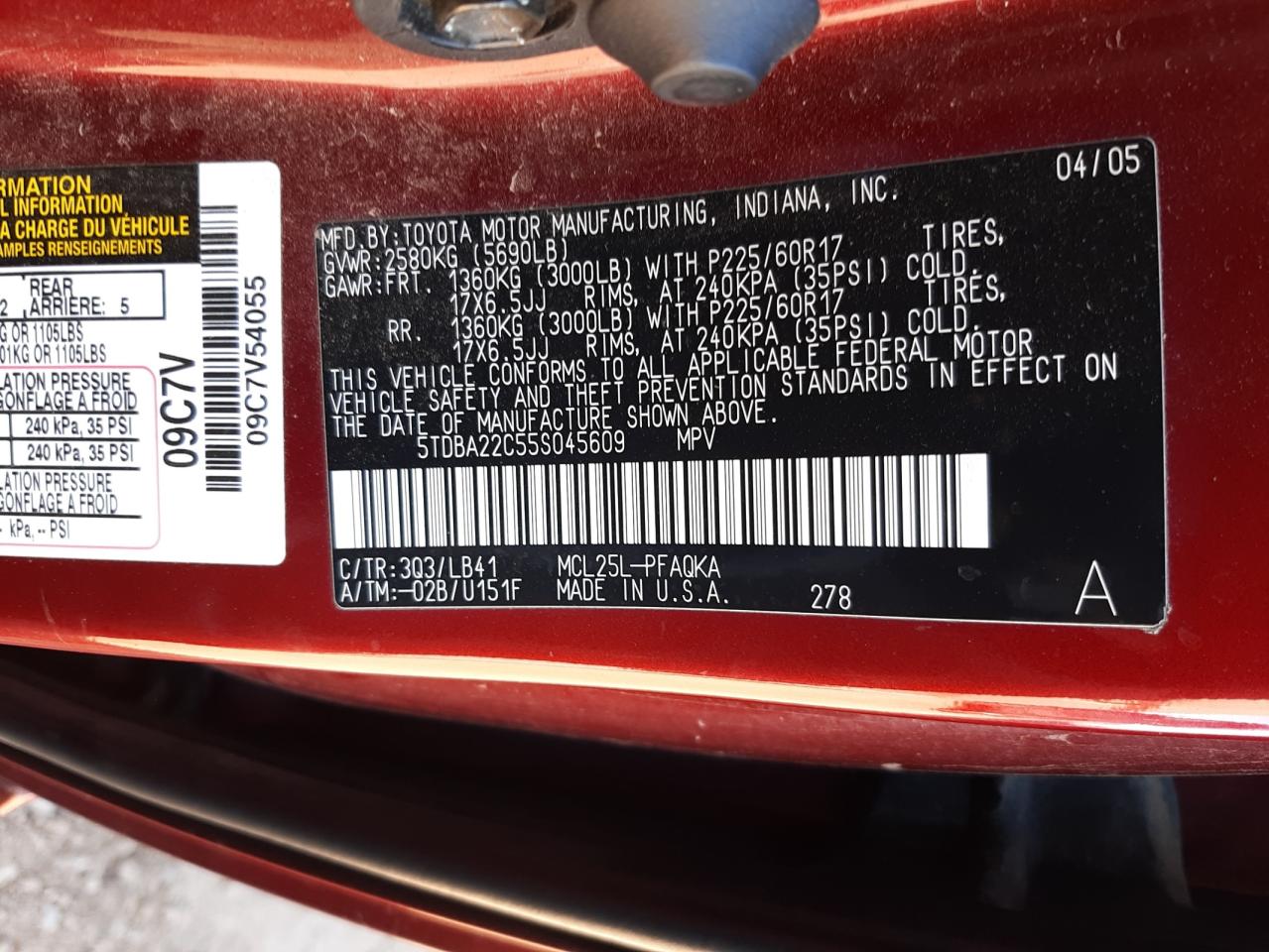 Photo 10 from auction – 2005 TOYOTA SIENNA XLE with VIN 5TDBA22C55S045609