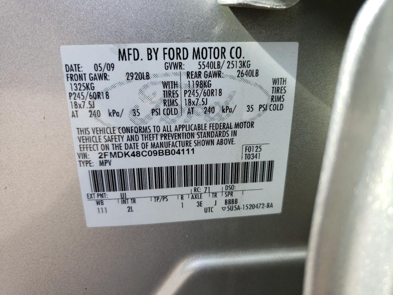 Photo 10 from auction – 2009 FORD EDGE SEL with VIN 2FMDK48C09BB04111