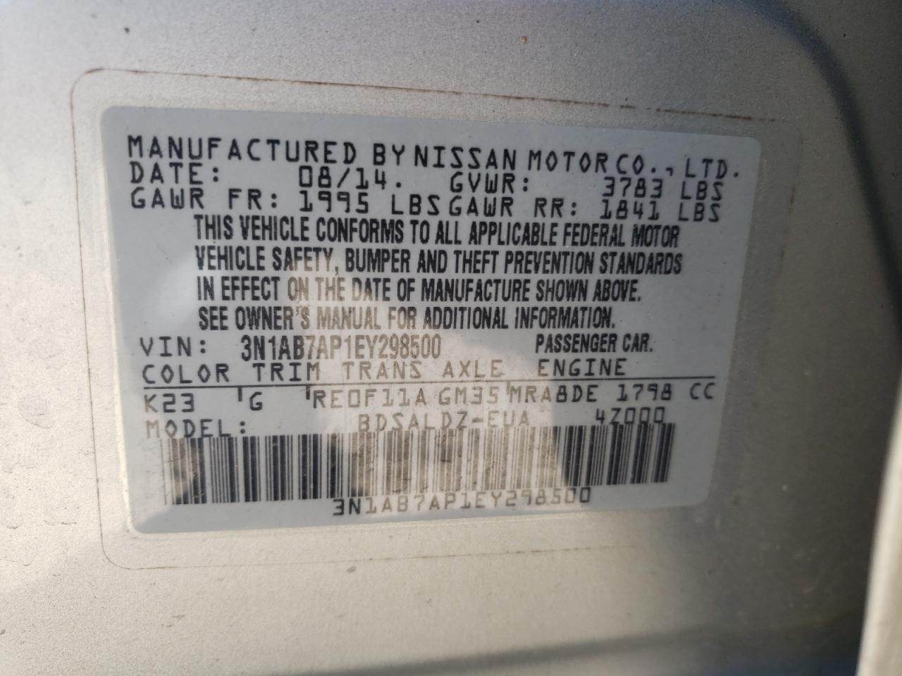 Photo 10 from auction – 2014 NISSAN SENTRA S with VIN 3N1AB7AP1EY298500